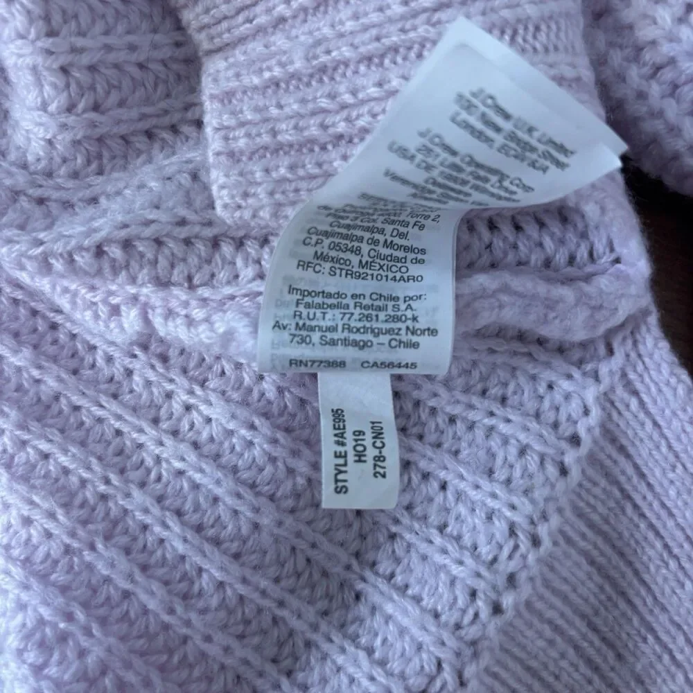 J Crew Pom Pom Cable Knit Mock Neck Sweater VTG Lilac Womens L Azra Wool Blend